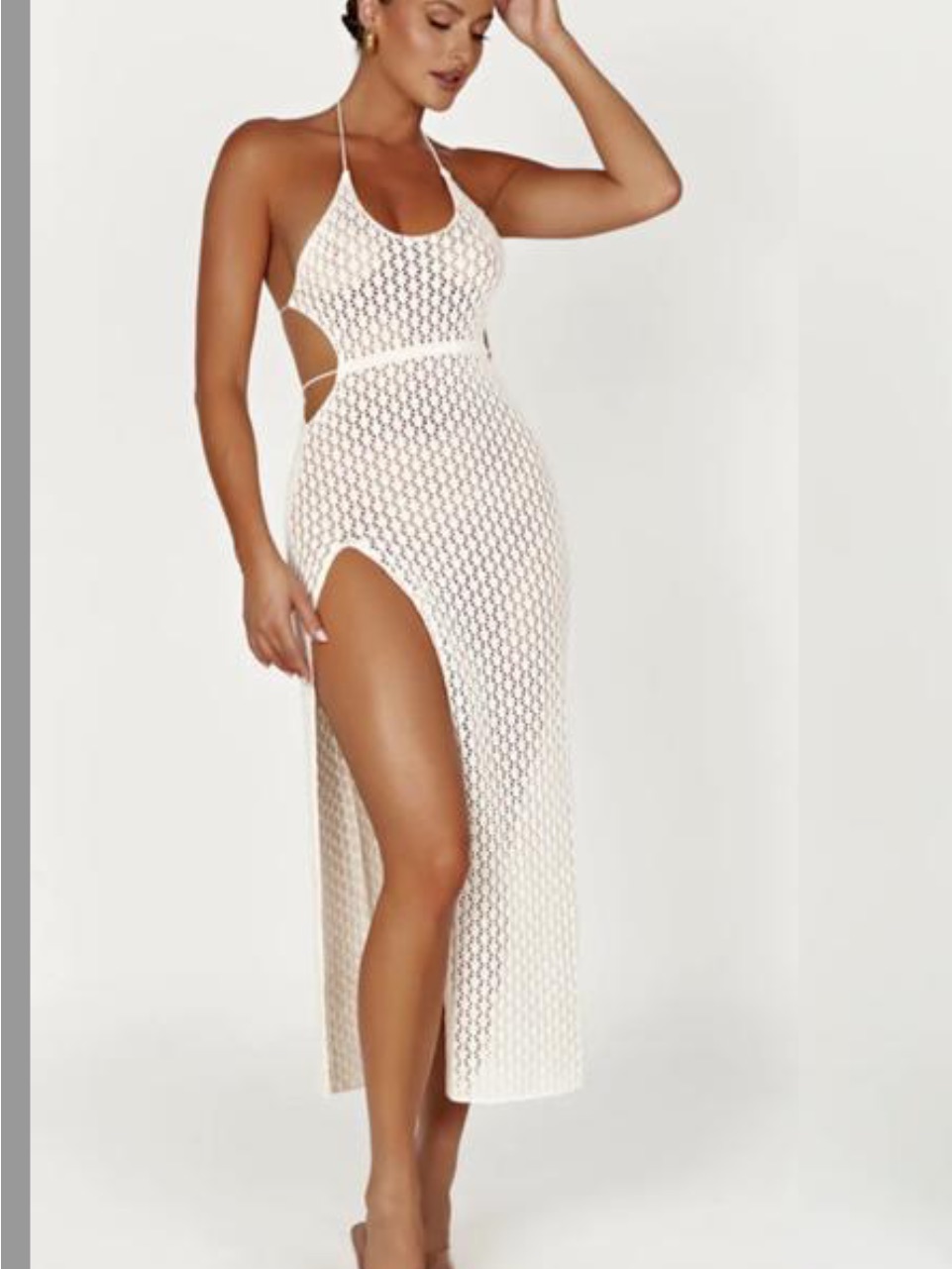 Meshki White Crochet Maxi Dress With High Thigh Slit
